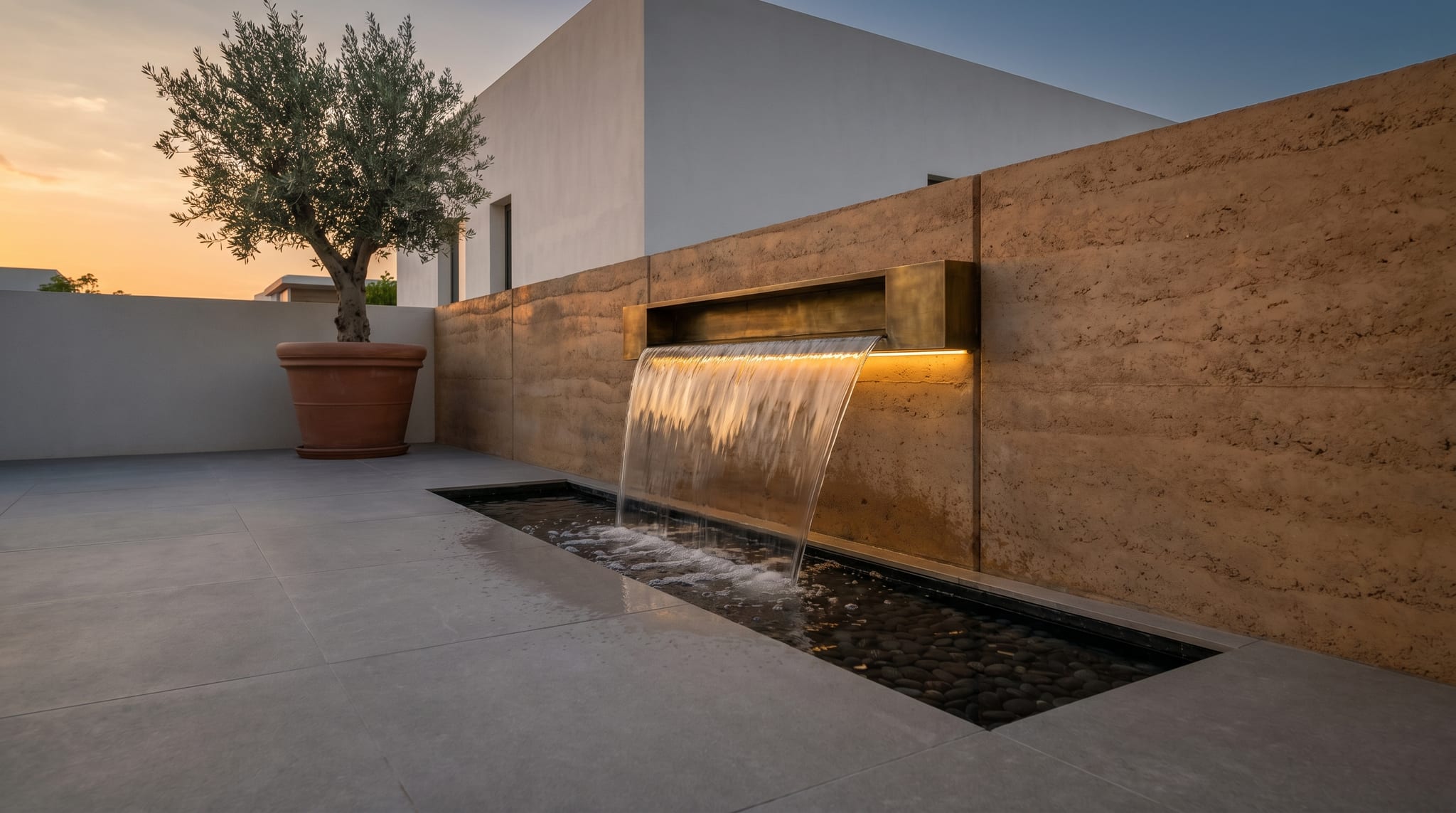 Limestone Water Wall Concept — feature concept render, UAE villa