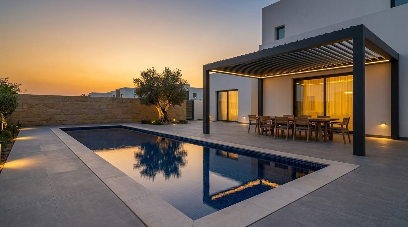 Warm Dusk Lighting Concept — lighting concept render, UAE villa