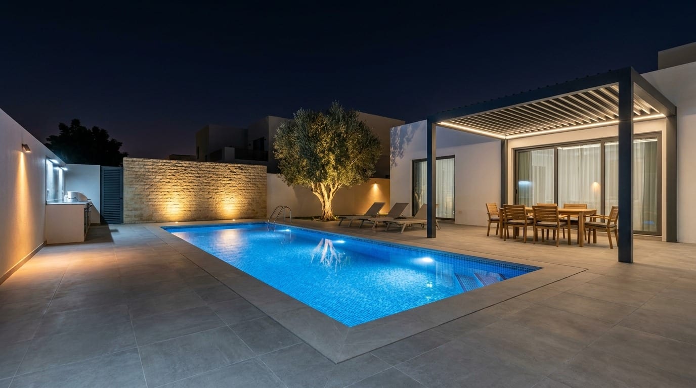 Warm Night Pool Concept — lighting concept render, UAE villa