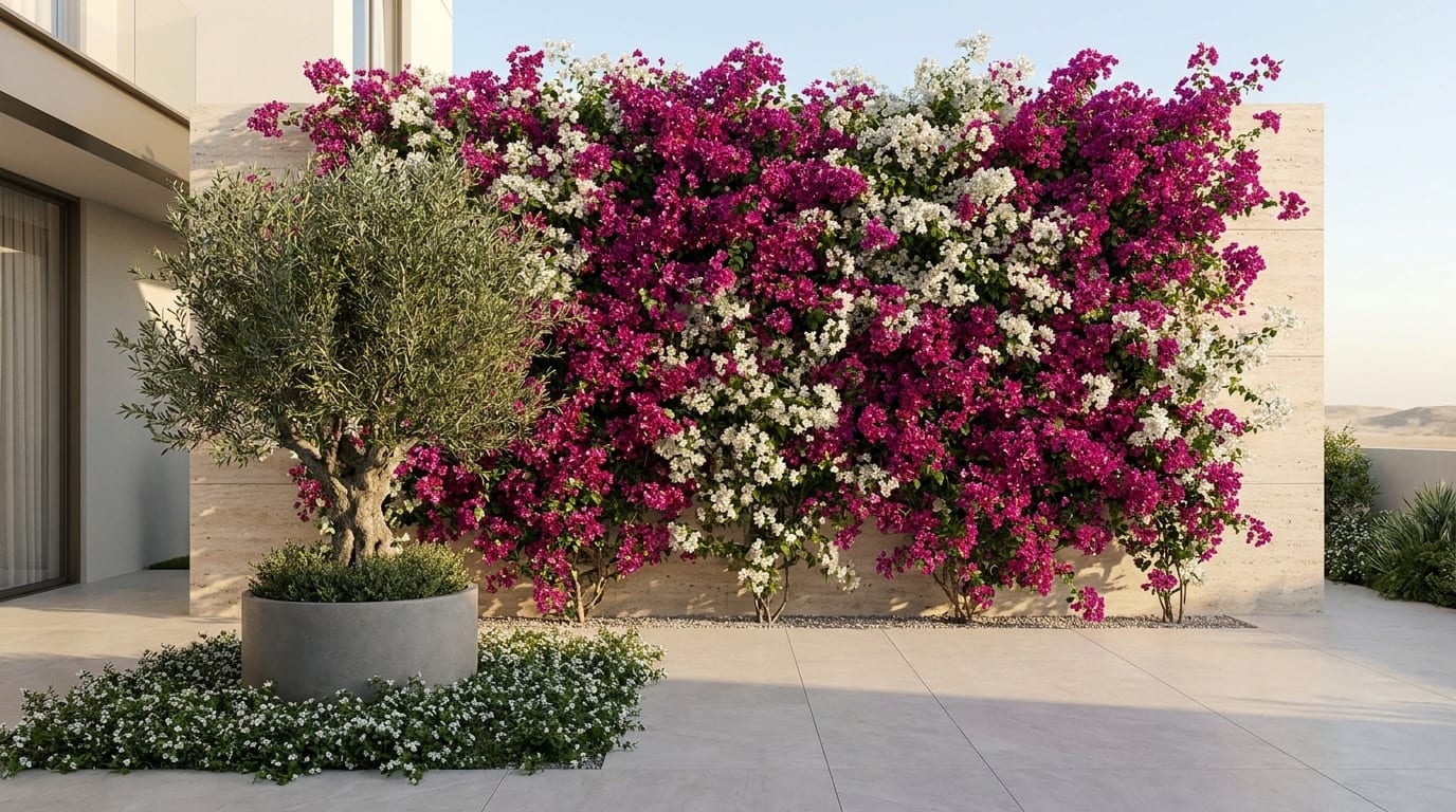 Bougainvillea Wall Concept — landscape concept render, UAE villa