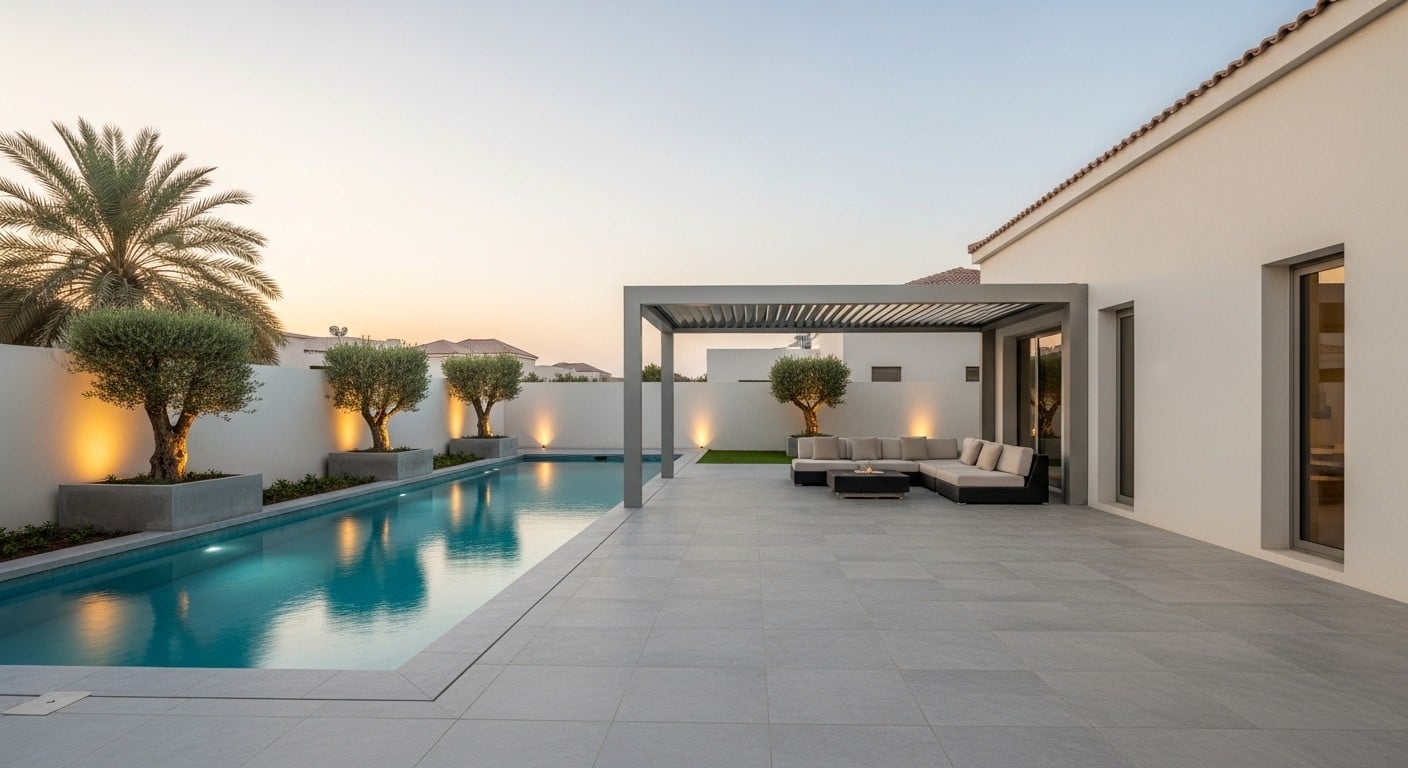 The same yard as a photoreal AI concept render — pool, pergola and planting