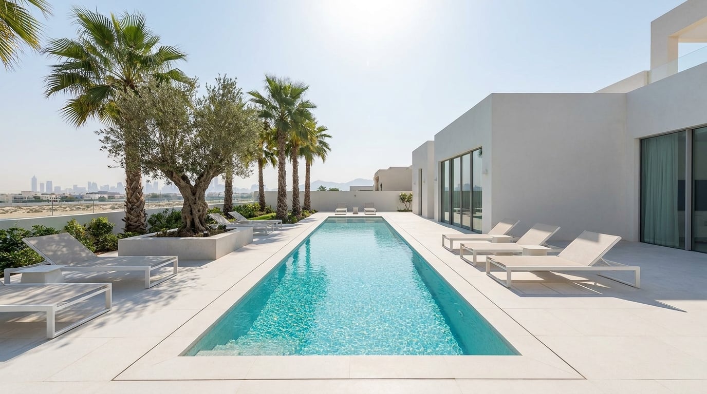 Modern UAE villa outdoor space at dusk — Virento concept